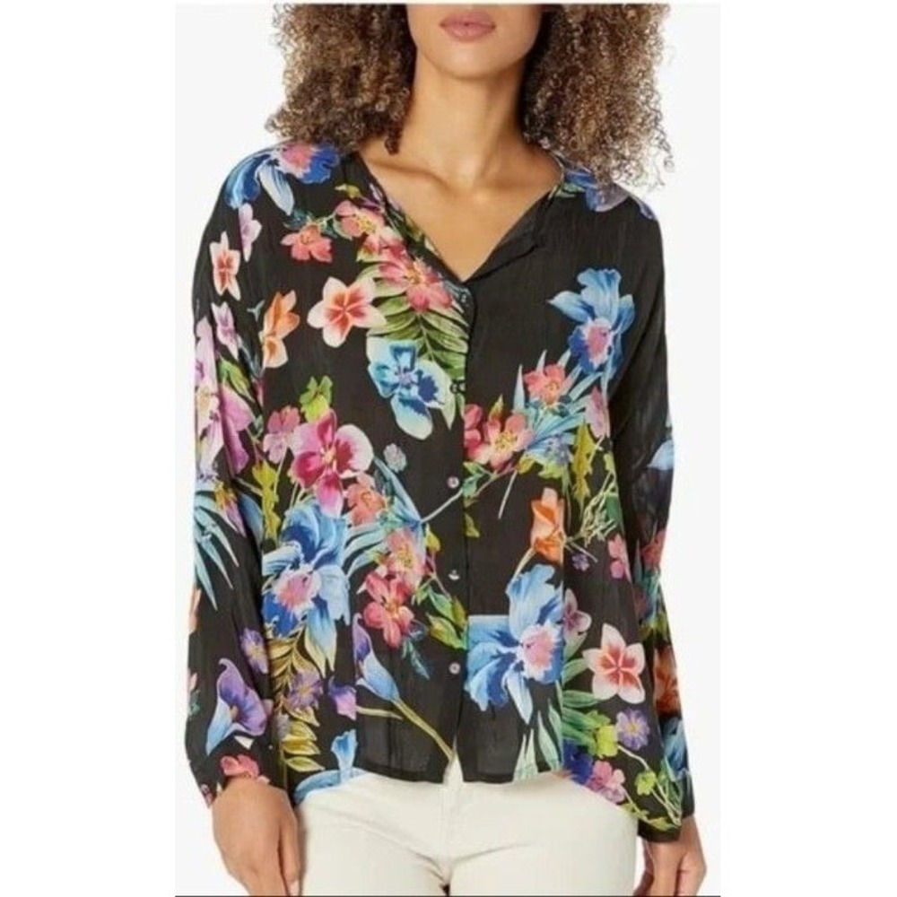 Johnny Was Top Aruba Maeve Floral Button Up Long Sleeve Black Blouse XL Whimsy
